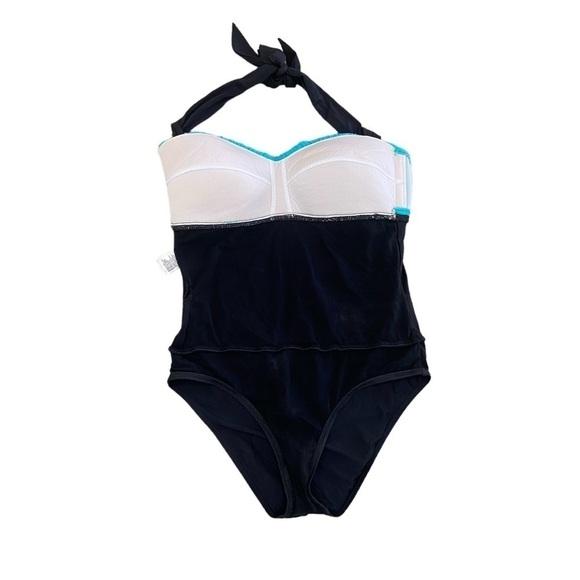 Athena one piece halter colorblock aqua, orange, black swimsuit size 10 - Picture 5 of 8